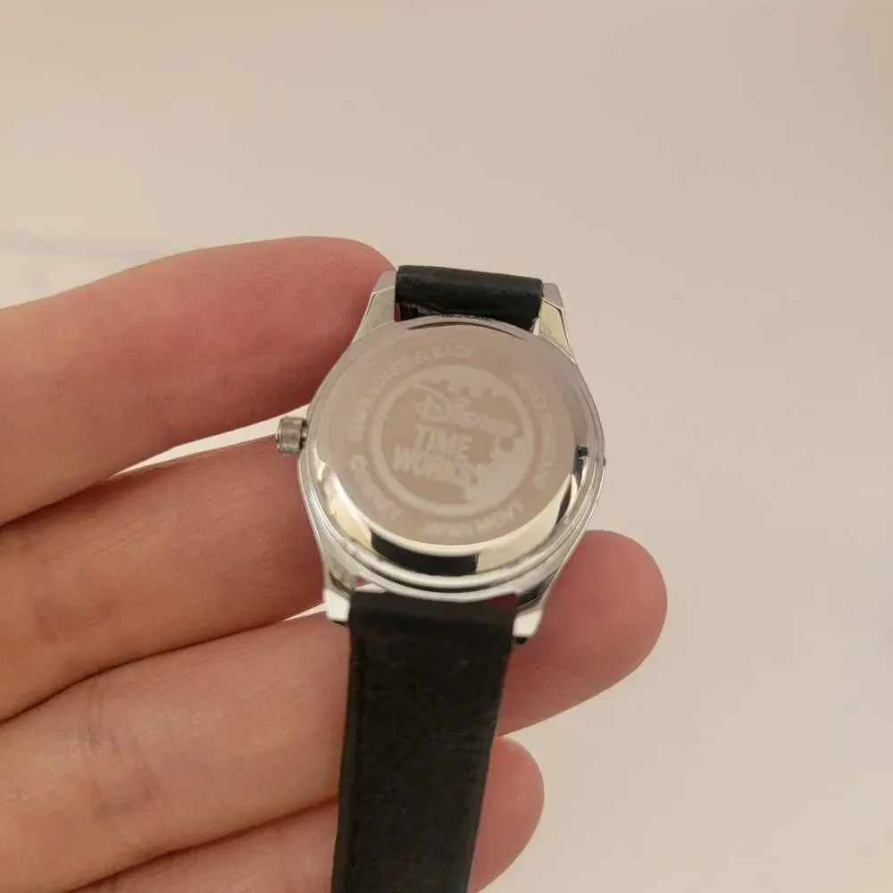 Disney Womens Watch White Dial Silver Case Black Leather Strap Quartz Analog